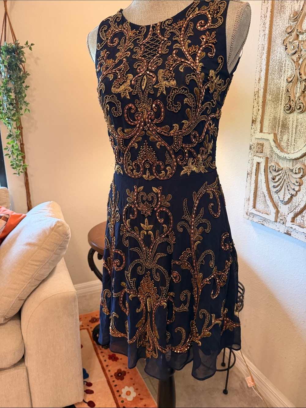 Amazing! 💙✨ Navy Blue Sleeveless hand Embroidered Fit-and-Flare Dress